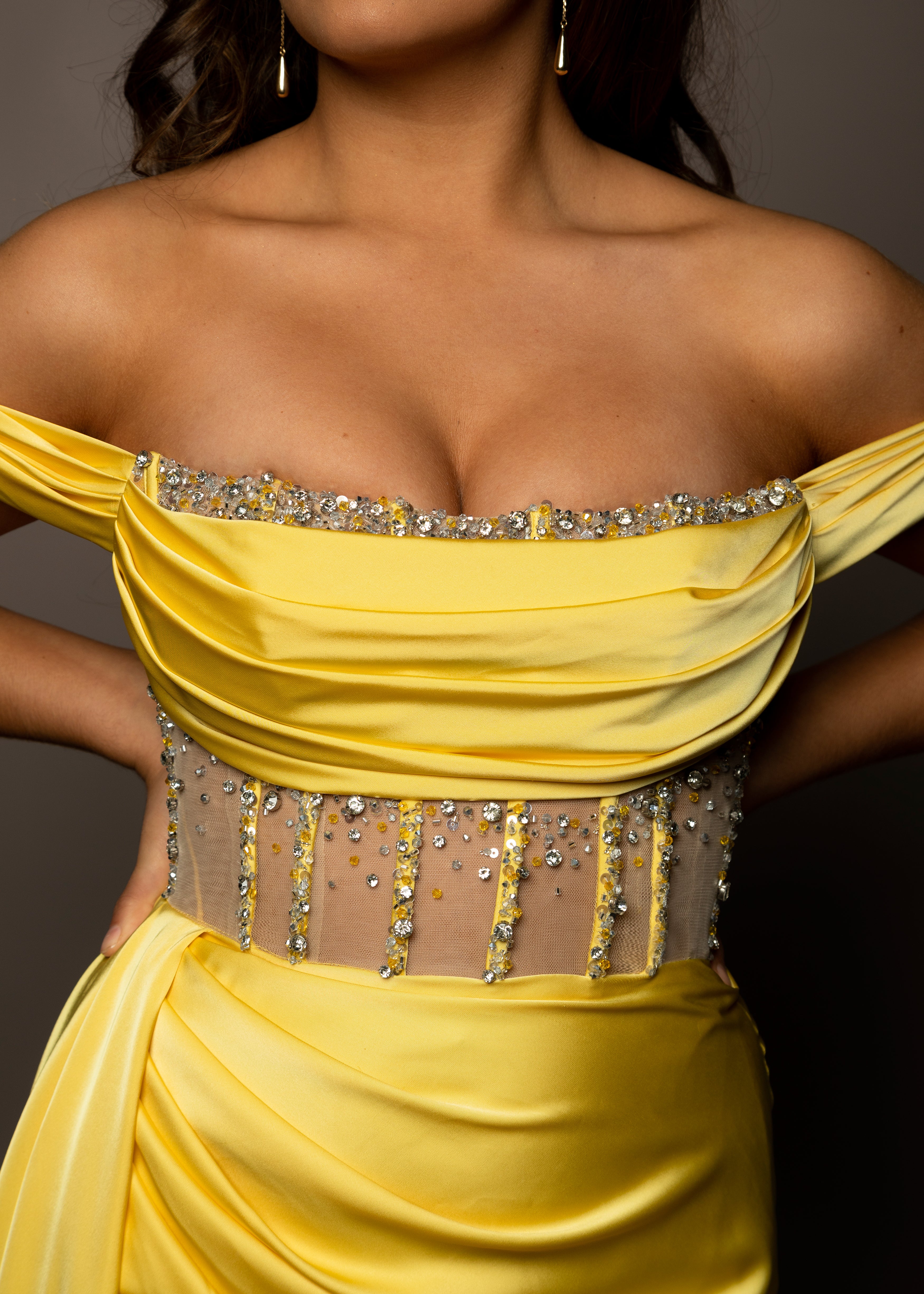 Beginning Boutique Yellow Off The Shoulder Formal Dress Bright