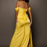 Bright yellow satin column dress with off the shoulder and high slit for hire