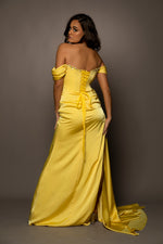 Cecilia in bright yellow satin column dress with off the shoulder and high slit