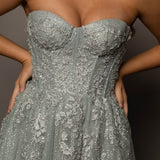 Silver bustier top tulle with a slit for hire
