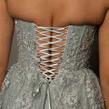 Silver bustier top tulle with a slit for hire