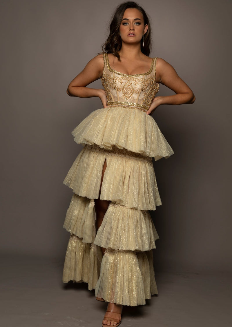 Sparkling gold tiered column dress with high slit