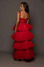 Sparkling red tiered column dress with high slit