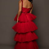 Sparkling red tiered column dress with high slit for hire