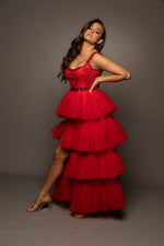 Sparkling red tiered column dress with high slit