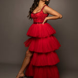 Sparkling red tiered column dress with high slit for hire