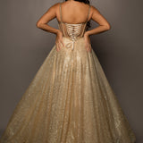 Sparkling gold bustier cup dress for hire