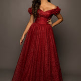 Sparkling dark red tulle princes dress for hire