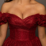 Sparkling dark red tulle princes dress for hire