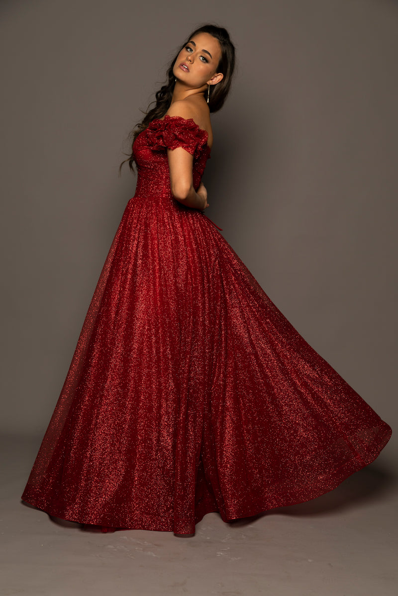 Sparkling dark red tulle princes dress for hire