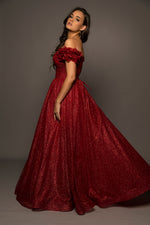 Sparkling dark red tulle princes dress for hire