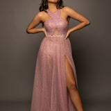 Baby pink criss cross front with sparkling band on bodice for hire