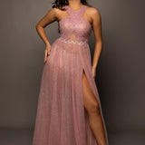 Baby pink criss cross front with sparkling band on bodice for hire