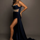Navy blue satin column dress with 2 sparkling angle straps and high slit for hire