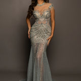 See through choker neck silver dress for hire