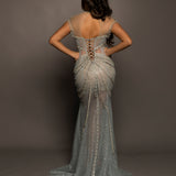 See through choker neck silver dress for hire