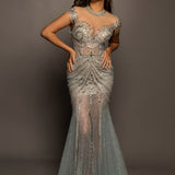 See through choker neck silver dress for hire