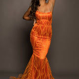 Sparkling orange mermaid dress crescent moon neckline for hire