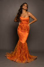 Nerola in sparkling orange mermaid dress crescent moon neckline for hire