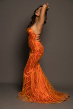 Nerola in sparkling orange mermaid dress crescent moon neckline for hire