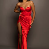 Bright red satin dress with wavy neckline and ruching high slit