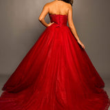 Sparkling dark red tulle dress with beaded top