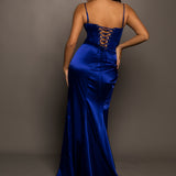 Royal blue satin column shaped dress with v neckline