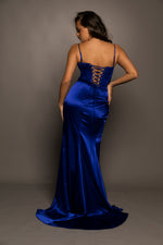 Royal blue satin column shaped dress with v neckline for hire