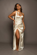 Heidi champagne satin with bustier top and ruching along with a high slit for hire