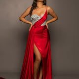 Red satin column shaped dress with one shoulder strap and high slit for hire