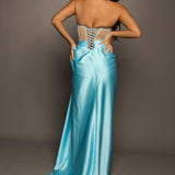 Baby blue satin dress with sheer corset top for hire