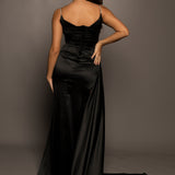Black Satin with deep V neck and crystal details dress