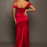 Dark Red Satin column dress with off the shoulder and high slit for hire