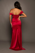 Dark Red Satin column dress with off the shoulder and high slit for hire