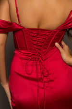 Dark Red Satin column dress with off the shoulder and high slit