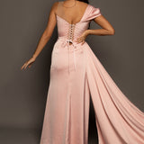 Coral Pink Satin off the shoulder dress with high slit and pearl details