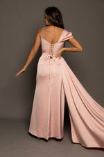 Coral pink satin dress with side sweep train for hire