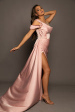 Coral Pink Satin off the shoulder dress with high slit and pearl details