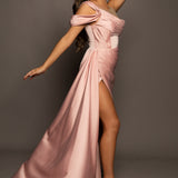 Coral pink satin dress with side sweep train for hire