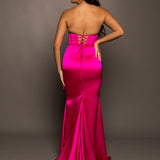Satin mermaid dress with ribbed corset look and a high slit