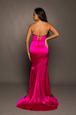 Satin mermaid dress with ribbed corset look and a high slit