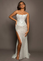 Kajia Sparkling white sequence and beading all over column dress with 3D flowers