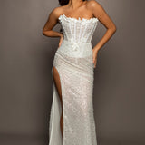 Sparkling white sequence and beading all over column dress with 3D flowers for hire