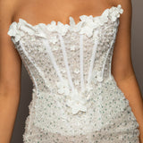 Sparkling white sequence and beading all over column dress with 3D flowers for hire