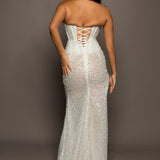 Sparkling white sequence and beading all over column dress with 3D flowers for hire
