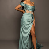 Light green Satin column dress with off the shoulder and high slit for hire