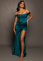 Teal Satin mermaid dress with ribbed corset and off the shoulder sleeves