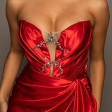 Bright red deep V neck draped satin dress