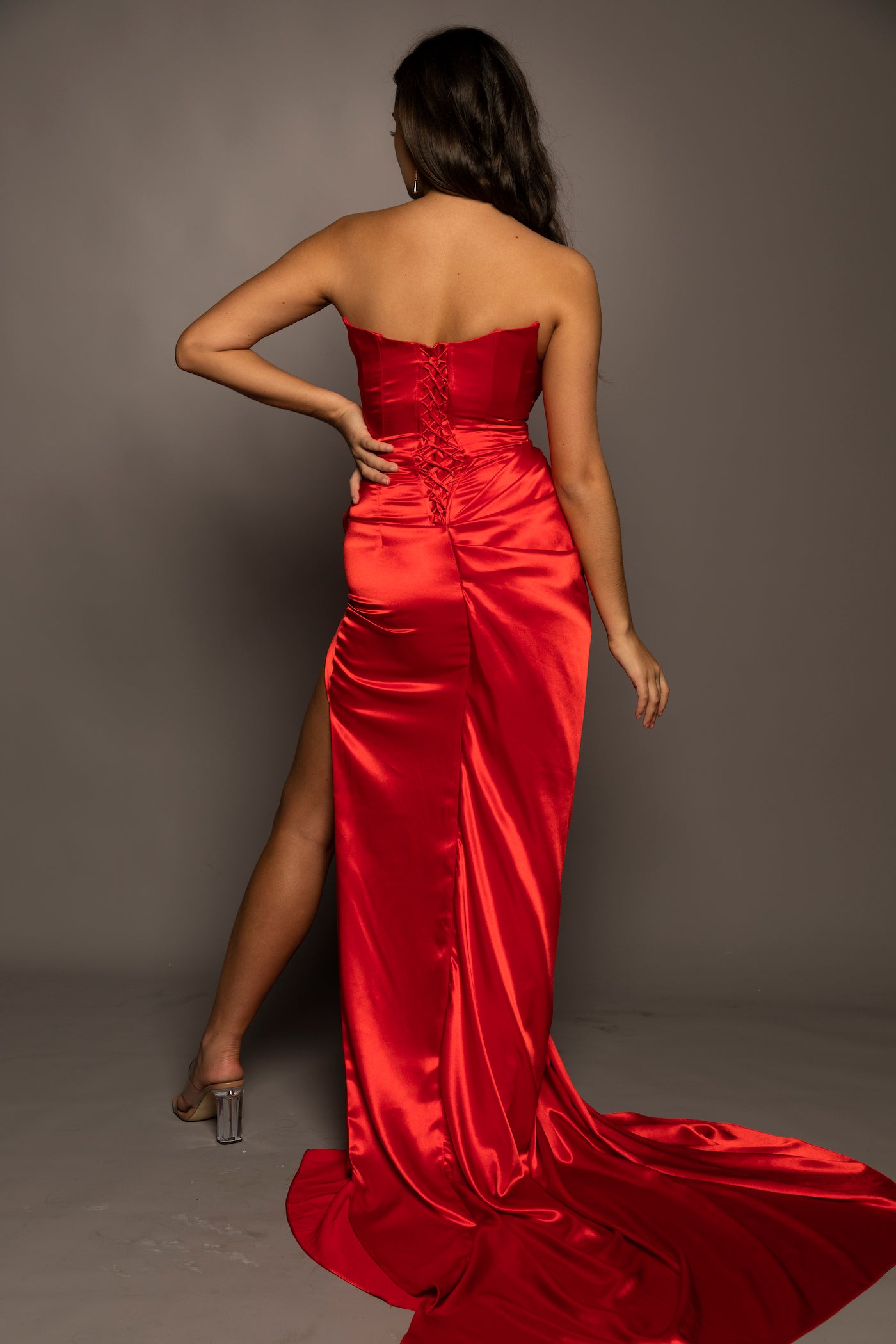 Bright red deep V neck draped satin dress Destiny Chic