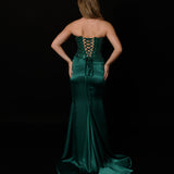 Dazzling green mermaid gown featuring a beaded corset bodice, thigh-high slit, and elegant train.